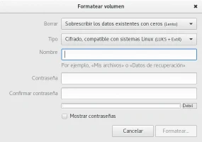 Opciones formateo unidad