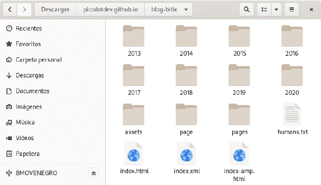 Archivos del sitio web en el explorador de archivos