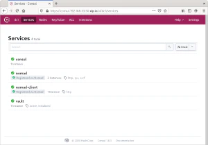 Consola web de Consul con los servicios registrados y su estado de salud