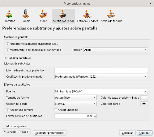 Preferencias de subtítulos de VLC