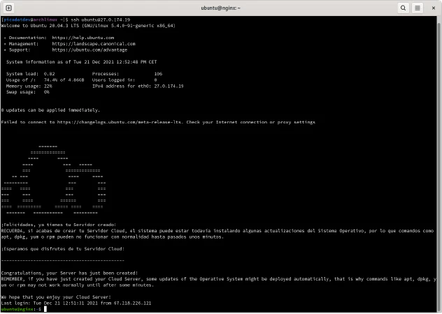 Conexión SSH a instancia de servidor cloud