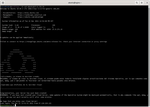 Conexión SSH a instancia de servidor cloud Conexión SSH a instancia de servidor cloud