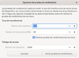 Opciones de la pruebas de rendimiento