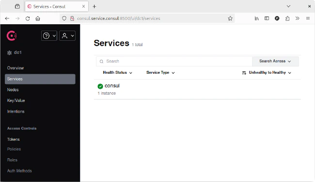 Consola web de Consul con dominio del servicio