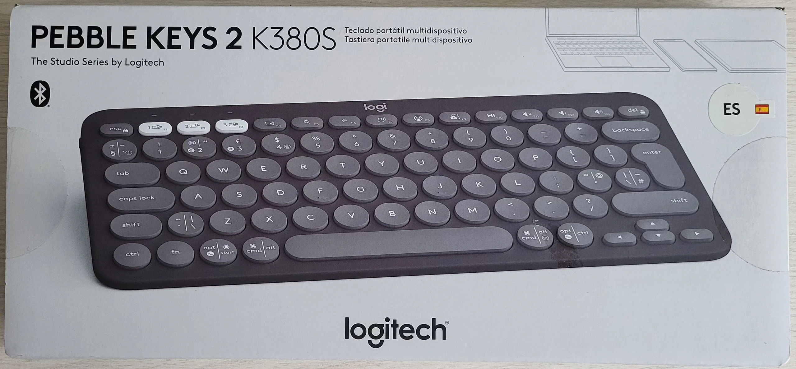 Desempaquetado de teclado inalámbrico, compacto, portátil y multidispositivo Logitech Pebble Keys 2 K380s