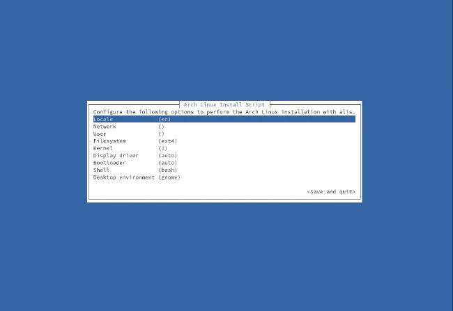 Boceto de instalador guiado de Arch Linux con alis